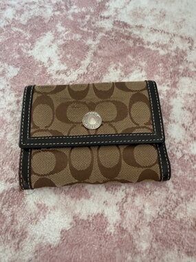 Coach Brown Signature Canvas Trifold Wallet with Dark Trim